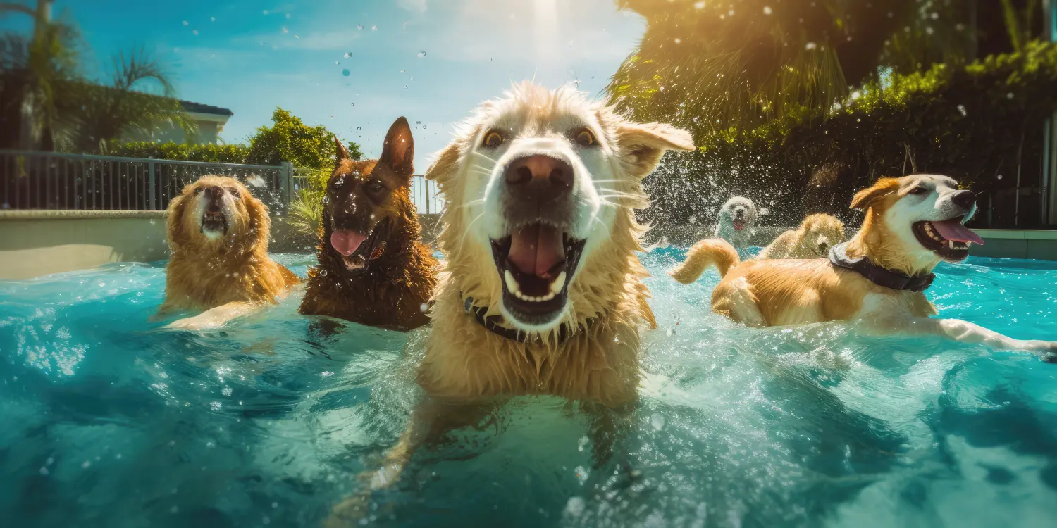 Hunde planschen im Pool bei einer Hunde-Poolparty durch generative KI