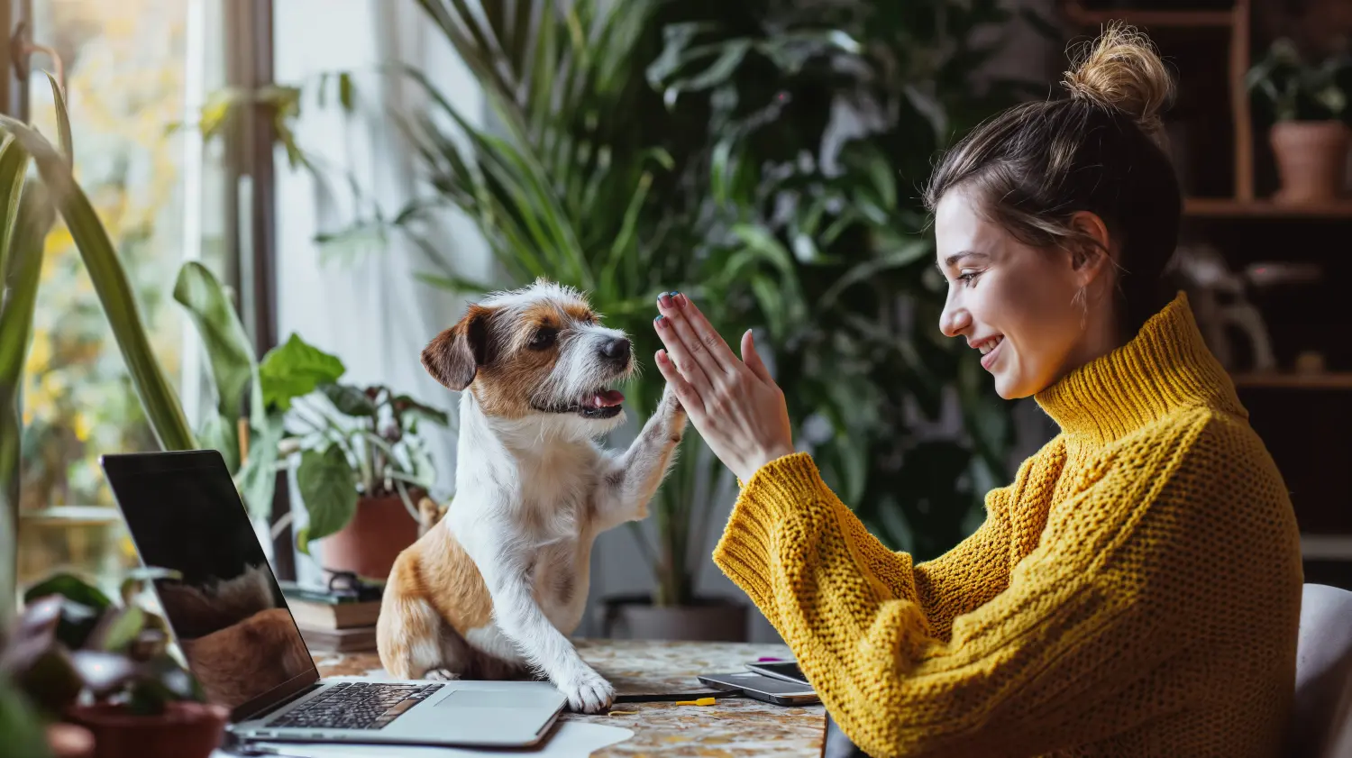 Frau in Gelb gibt ihrem Hund im Home Office High Five