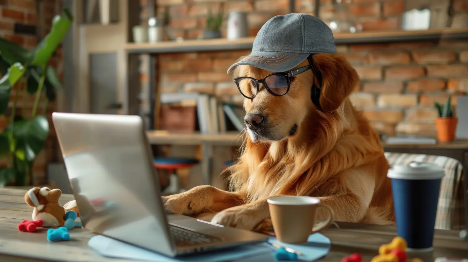 Ein Golden Retriever-Hund mit Brille und Mütze, der an einem Laptop arbeitet. Auf dem Schreibtisch liegen verstreut Hundespielzeug und auch eine Kaffeetasse